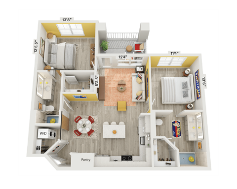 Floor plan for 2 beds, 2 baths, 1039 sqft